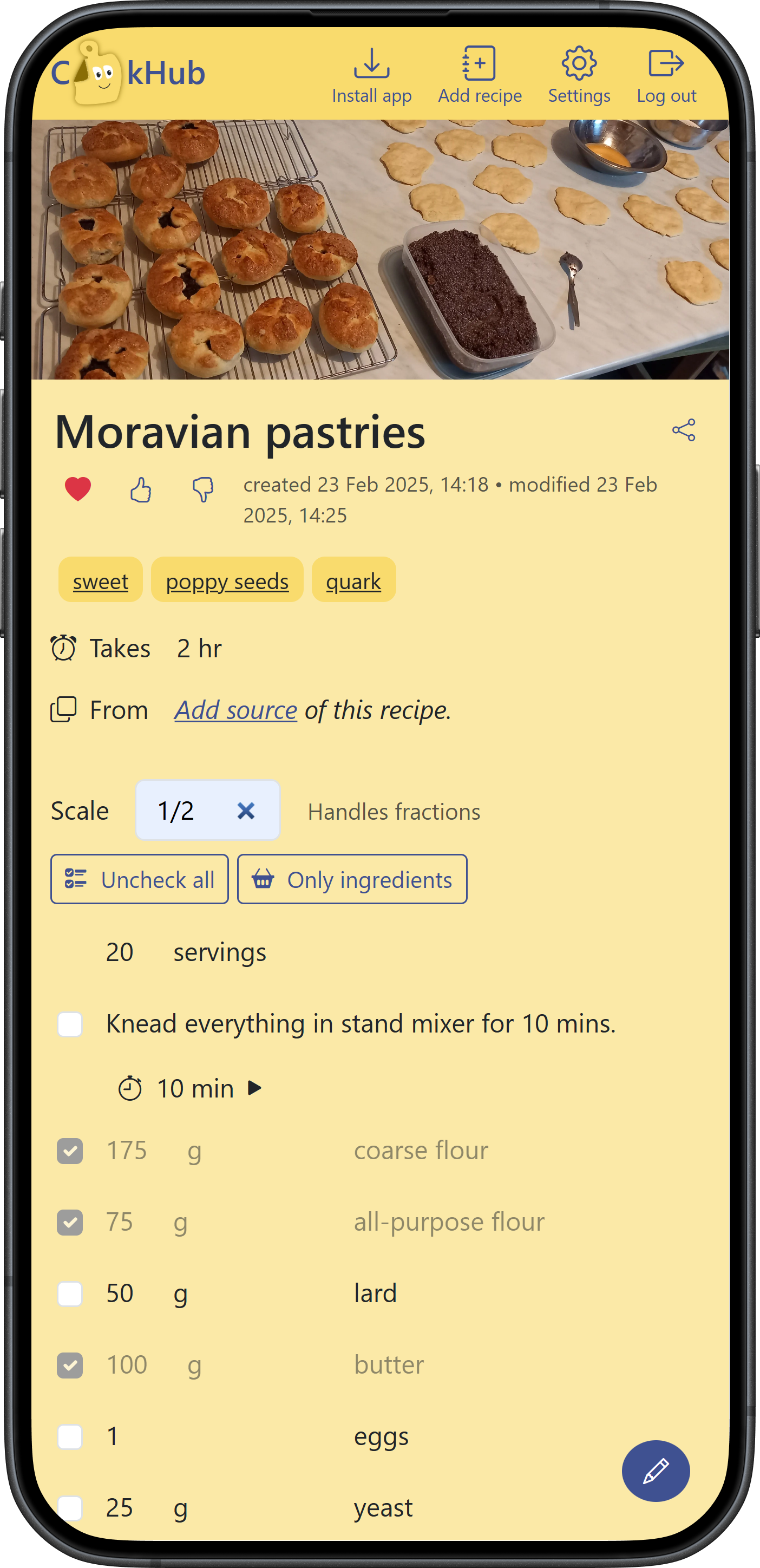 CookHub recipe list on a phone